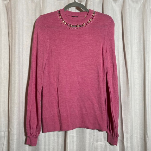 Elie Tahari Sweaters - Elie Tahari Pink Merino Wool Pearl Embellished Cutout Neck Sweater S Preppy